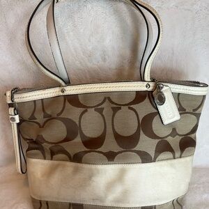 Coach Brown and Cream Signature Tote Bag